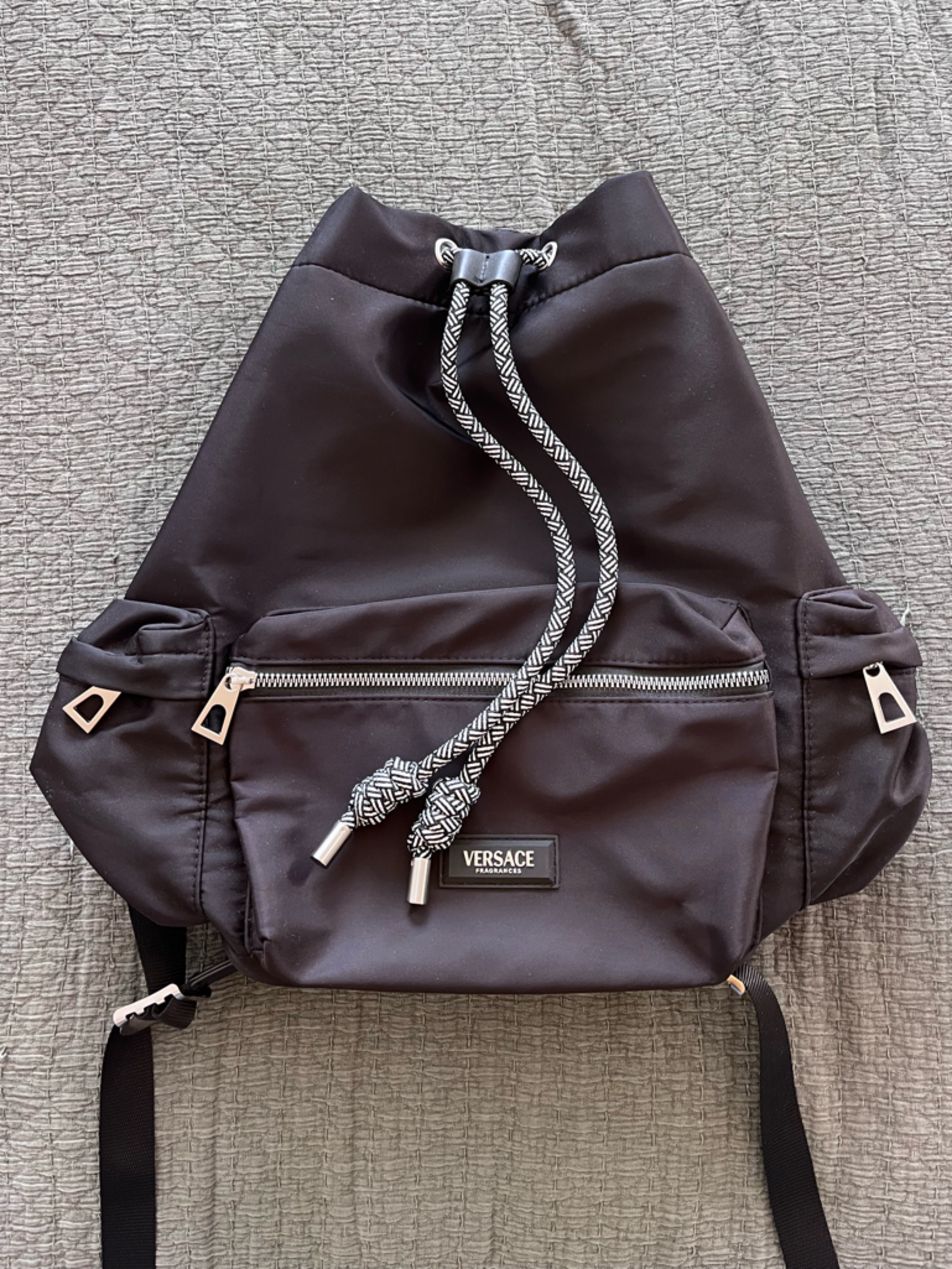 Versace Black Drawstring Bucket Bag With Braided Trim